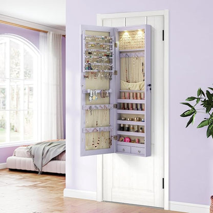 Giantex Wall or Door Mounted Jewelry Armoire with 47.5" Full Length Mirror, Lockable Cabinet with 2 LED Lights, 2 Drawers, Over the Door Large Jewelry Storage Organizer (Lavender)