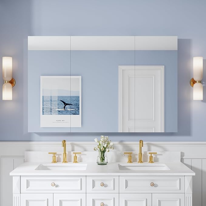 56" x 36" Bathroom Medicine Cabinet with Mirror, Anodized Chrome Aluminum Frame, Surface Mount or Recessed Medicine Cabinet with Mirror, Bathroom Mirror with Storage, Three Doors