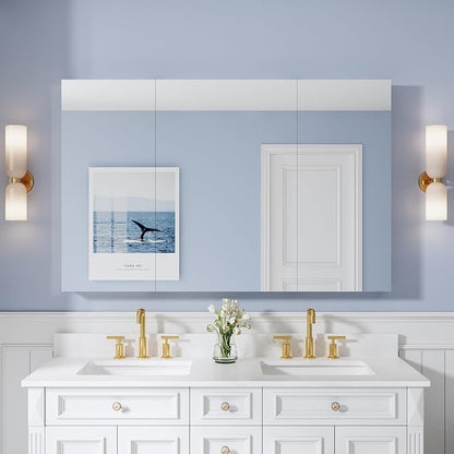 56" x 36" Bathroom Medicine Cabinet with Mirror, Anodized Chrome Aluminum Frame, Surface Mount or Recessed Medicine Cabinet with Mirror, Bathroom Mirror with Storage, Three Doors