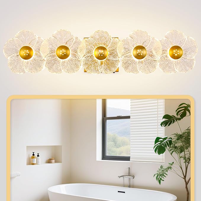 MantoLite Bathroom Light Fixtures Modern Vanity Light Over Mirror Adjustable 3000K-6000K Picture Lights Art Light with Floral Clear Glass Shades for Living Room Bedroom Wall Sconces (5 Light Gold)