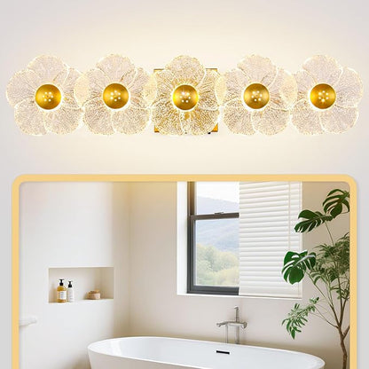 MantoLite Bathroom Light Fixtures Modern Vanity Light Over Mirror Adjustable 3000K-6000K Picture Lights Art Light with Floral Clear Glass Shades for Living Room Bedroom Wall Sconces (5 Light Gold)