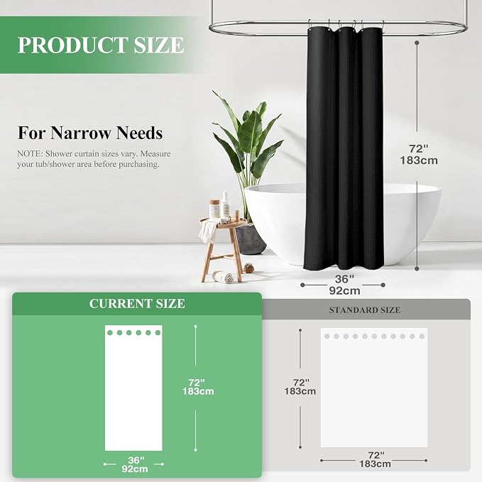 Stall Waffle Shower Curtain 256 GSM Heavy Fabric 36x72 Black | Narrow Half Size, Thick Cloth, Weighted Hem, Water Repellent, Hotel Luxury Polyester Shower Curtain Set for Bathroom 6 Hooks