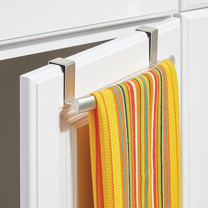 mDesign Steel Over Door Curved Towel Bar Storage, Hanger for Cabinet or Cupboard, Holder Rack for Kitchen, Bathroom - Holds Hand/Dish Towels, Washcloths - Spira Collection - 2 Pack - Satin