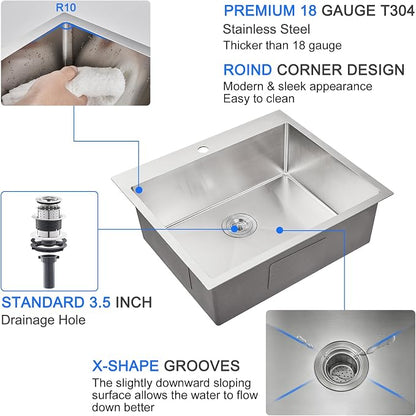 25 x 22 Inch Drop In Kitchen Sink 18 Gauge 304 Stainless Steel | 25"x22" Drop-in Sink | 18 Ga 304 SS | 1-hole | Topmount | Single Bowl | 9" Deep Basin| Large kitchen/prep