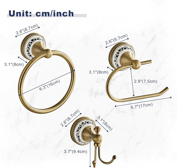 Antique Brass Toilet Paper Holder, Towel Ring, Double Wall Coat Hooks | 3-Piece Zinc Alloy Bathroom Hardware Set, Bathroom Accessories, YIGUANXIN