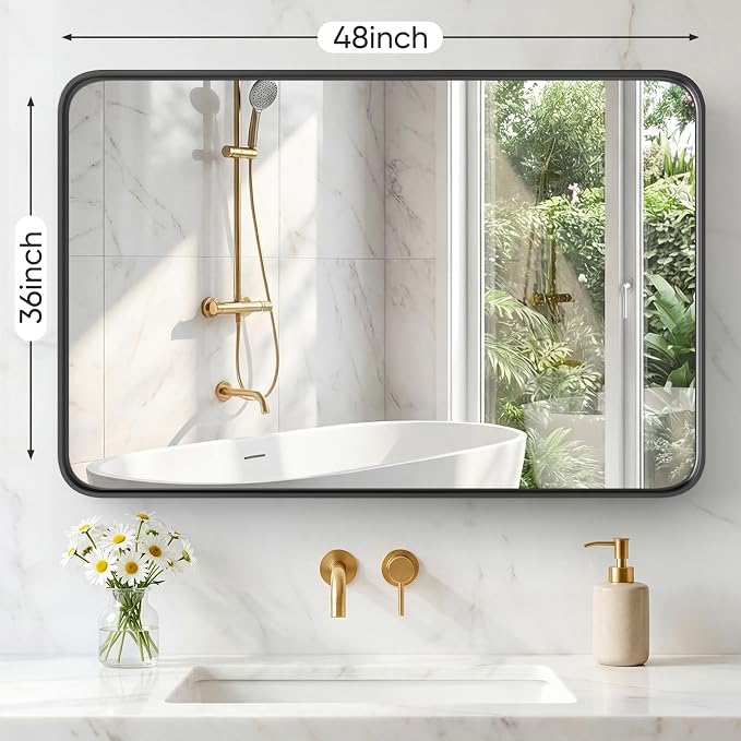 Sweetcrispy Bathroom Mirror 48x36 Inch, Vanity Mirror for Wall | Metal Framed Rounded Rectangle, Over Sink, Farmhouse, Restroom, Anti-Rust, Horizontal or Vertical Hanging, Black