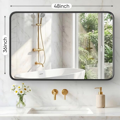 Sweetcrispy Bathroom Mirror 48x36 Inch, Vanity Mirror for Wall | Metal Framed Rounded Rectangle, Over Sink, Farmhouse, Restroom, Anti-Rust, Horizontal or Vertical Hanging, Black