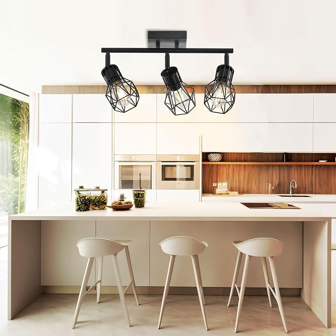 3-Light Black Flush Mount Ceiling Track Light E26 for Kitchen | Industrial black metal, adjustable heads, dimmable E26 base, for kitchen hallway closet bathroom lighting