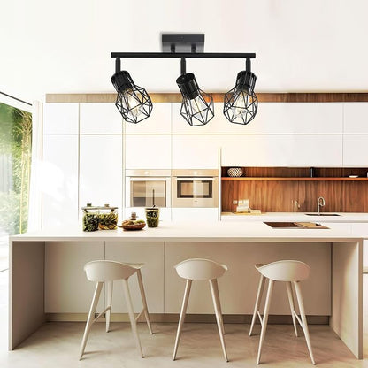 3-Light Black Flush Mount Ceiling Track Light E26 for Kitchen | Industrial black metal, adjustable heads, dimmable E26 base, for kitchen hallway closet bathroom lighting
