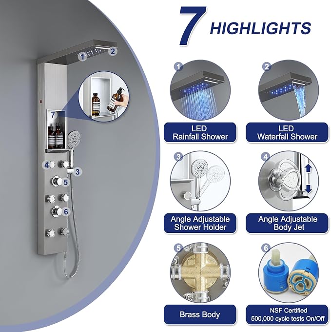 ROVATE LED Shower Panel Tower with Shelf and 6 Adjustable Jets, Brushed | All-in-one Stainless Steel Shower Tower Integrates Overhead Spray, Body Jets, Handheld, and Shelf into A Space-saving System