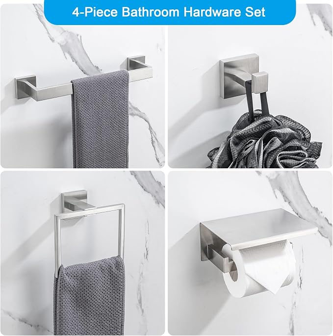 4-Pieces Bathroom Accessories Set, Towel Bar Towel Racks Towel Holder Toilet Paper Holder Stainless Steel Bathroom Hardware Set Wall Mounted Towel Racks for Bathroom, Brushed Nickel, 16 Inch