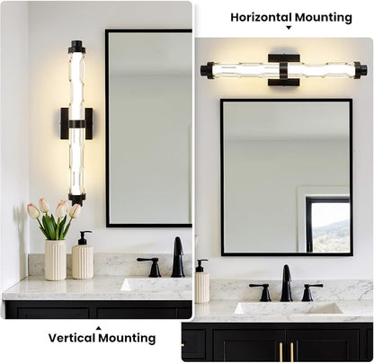 23.6" Black Wall Sconce, Modern Bathroom Vanity Light with Ripple Glass Shade, 5CCT Dimmable LED Wall Lighting 20W for Bedroom, Living Room, Hallway