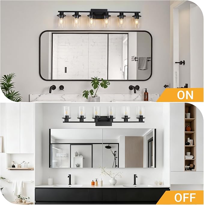 LOUSACE 6 Light Bathroom Vanity Light, Matte Black Bathroom Light Fixtures, Modern Bathroom Lights Over Mirror with Clear Glass Shade, Wall Sconce Lighting for Bathroom Mirror