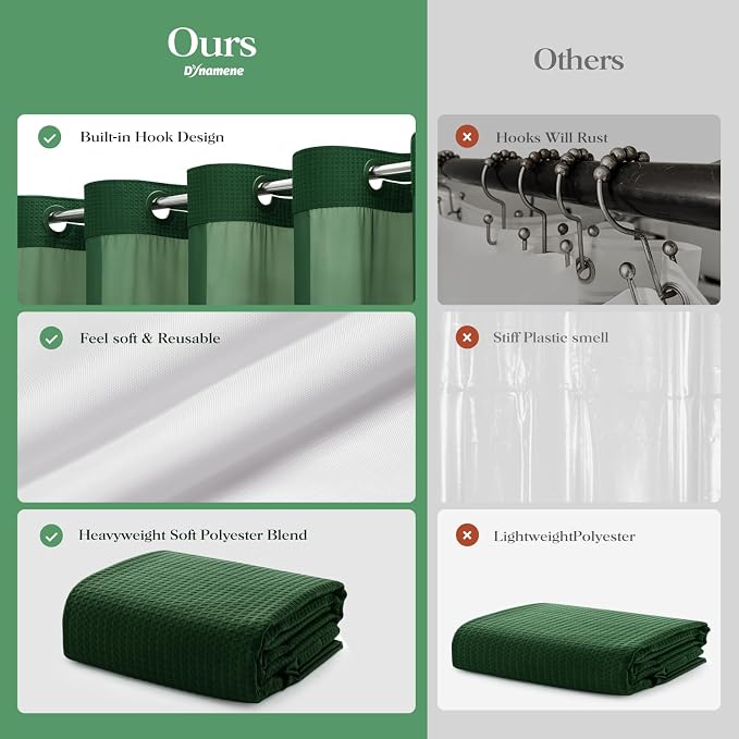 Dark Green Hook Free Waffle Shower Curtain & Snap-in Liner,72x87 | Less Time to install, 3 in 1 Fabric Shower Curtain and Liner Set with Magnets, Extra Long, Shower Curtains for Bathroom
