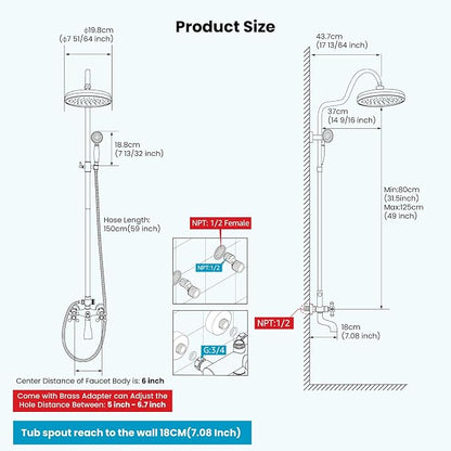 gotonovo Exposed Bathroom Shower System Vintage Shower Fixture 8 Inch Rainfall Shower Head Handheld Spray Tub Filler Brass Pipe 3-Function Wall Mount Double Cross Knobs Matte Black