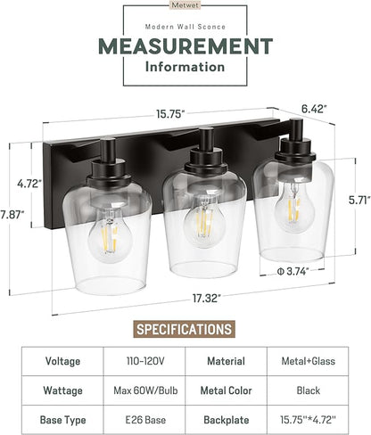 Bathroom Light Fixtures, 3-Light Modern Vanity Light with Clear Glass Wine Glass-Shaped Shade, Vanity Lighting Fixtures Over Mirror, Matte Black, VL155-MB-3