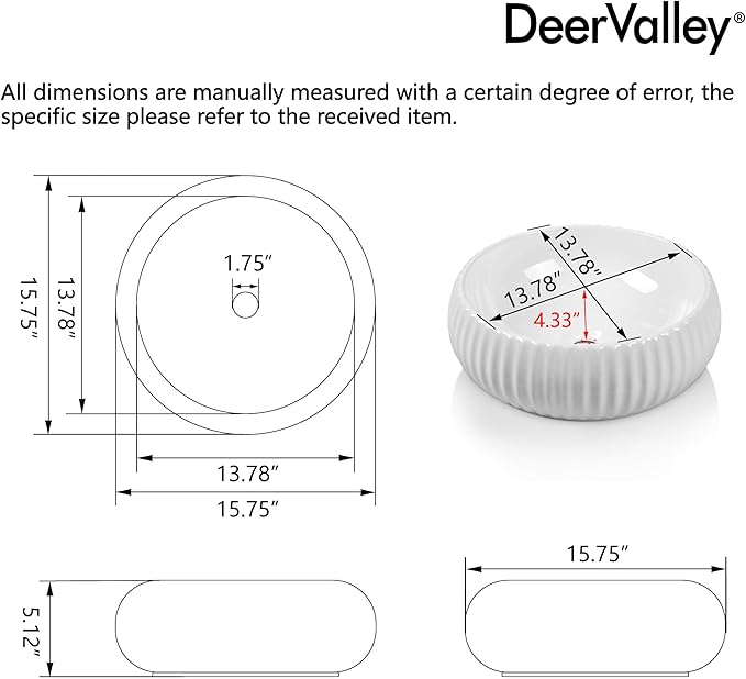 DeerValley 15.7 Inch White Round Ceramic Vessel Sink, Above Counter Porcelain Bathroom Vanity Bowl Art Basin (Without Sink Drain), DV-1V0223