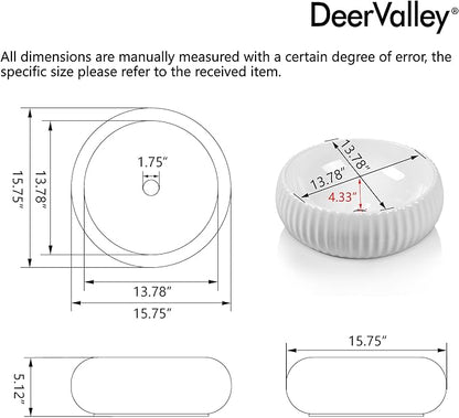 DeerValley 15.7 Inch White Round Ceramic Vessel Sink, Above Counter Porcelain Bathroom Vanity Bowl Art Basin (Without Sink Drain), DV-1V0223