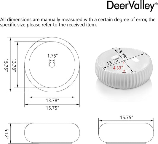 DeerValley 15.7 Inch White Round Ceramic Vessel Sink, Above Counter Porcelain Bathroom Vanity Bowl Art Basin (Without Sink Drain), DV-1V0223