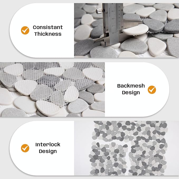 Grey Pebble Bathroom Shower Tile 12x12 in Pebble Mosaic Floor 5 SqFt | Slip-resistant Pebble Floor Tile for Bathroom, Shower, Kitchen Walls & Outdoor Areas, Mesh-Backed Easy to Install