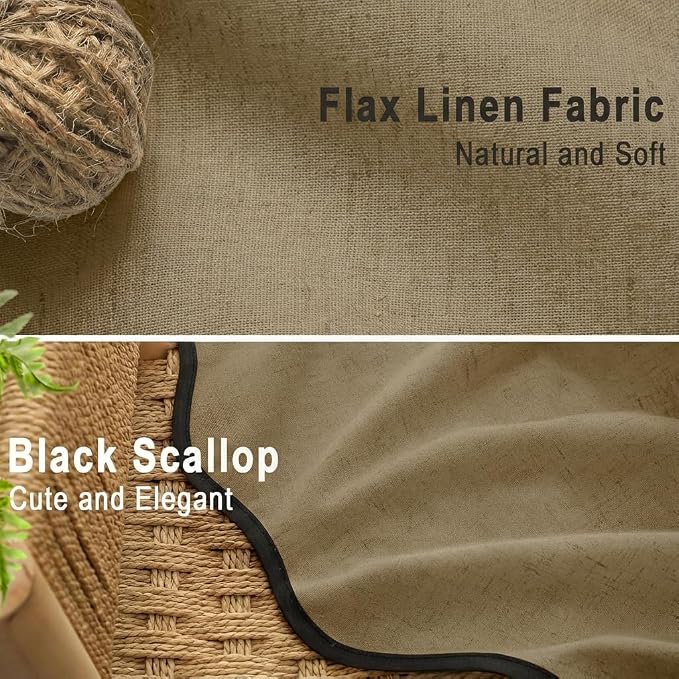 Scalloped Shower Curtain Linen Boho Khaki 72" W x 72" L | Linen Fabric, Black Border, Washable, Heavy Duty Cloth, Shower Curtain for Boho Farmhouse Bathroom Bathtub