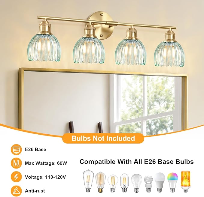 Bathroom Light Fixtures, 4-Light Brushed Gold Vanity Lights for Bathroom with Blue Tulip Glass Shade, 26" Vintage Bathroom Vanity Lighting Fixtures Over Mirror for Bedroom Living Room Hallway