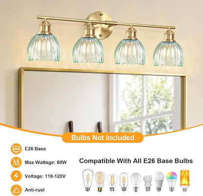 Bathroom Light Fixtures, 4-Light Brushed Gold Vanity Lights for Bathroom with Blue Tulip Glass Shade, 26" Vintage Bathroom Vanity Lighting Fixtures Over Mirror for Bedroom Living Room Hallway