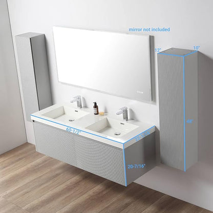 Blossom 60 Inch Double Sink Bathroom Vanity with Side Cabinets, All Wood Wall Mounted Floating Bathroom Vanity Cabinet with Acrylic Sink, Soft-Close Drawers, Bathroom Vanities, Light Grey