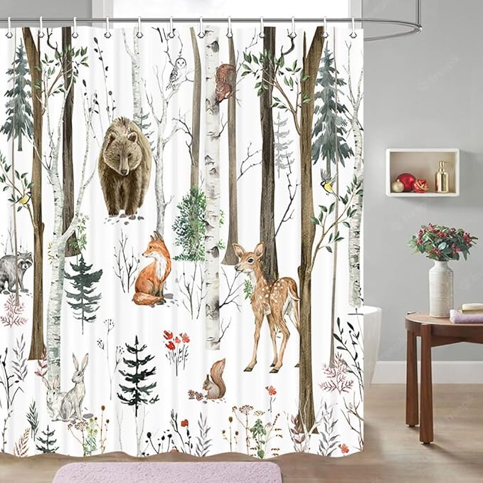 JAWO Rustic Forest Shower Curtains, Lodge Cabin Woodsy RV Shower Curtain, Wildlife Animals Woodland Campers Camping Bathroom Set with Hooks, 72X75 Inch, White