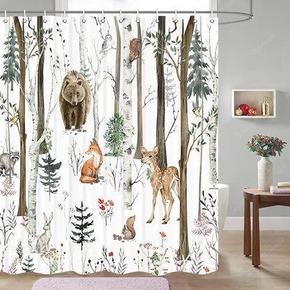 JAWO Rustic Forest Shower Curtains, Lodge Cabin Woodsy RV Shower Curtain, Wildlife Animals Woodland Campers Camping Bathroom Set with Hooks, 72X78 Inch, White