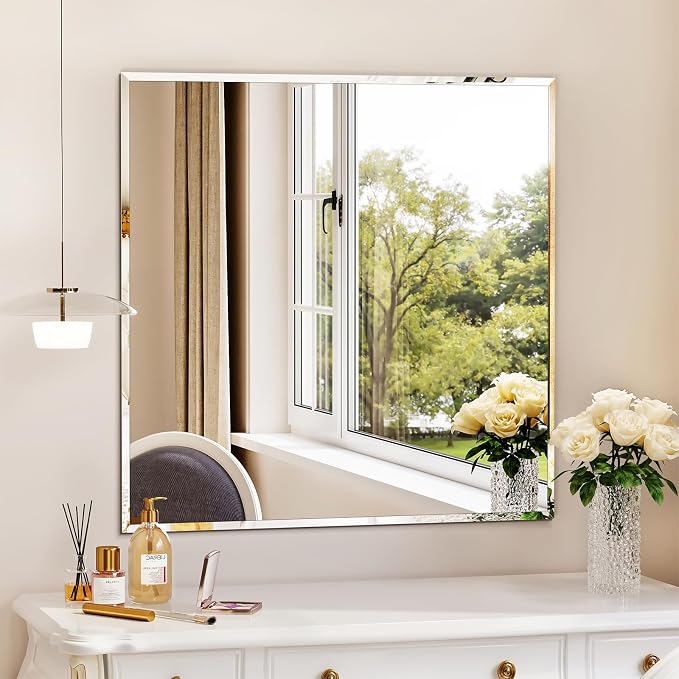 Frameless Bathroom Mirror, 30"x30" Beveled Bathroom Vanity Mirror | Wall Mount Mirrors for Vanity Bedroom Entryway Living Room Hangs Horizontally or Vertically