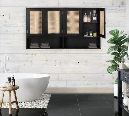 ZYBT Bathroom Medicine Cabinet Wall Mounted,Black Rattan Storage Towel Cabinet for Bathroom Storage Over The Toilet, Floating Hanging Cabinet for Small Spaces Kitchen Laundry Living Room