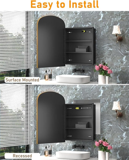 20"x30" Vintage Bathroom Medicine Cabinet with Mirror, Retro Hand-Painted Flower Art Decor, Arched Aluminum Frame Medicine Cabinets Recessed / Wall Mounted, 2 Stable & Removable Shelves, 1 Organizer