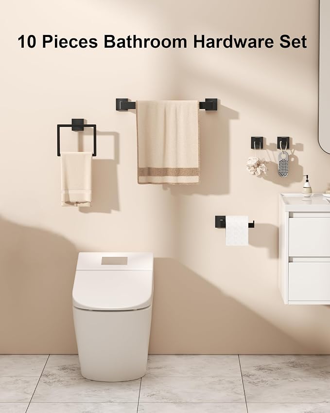 10-Piece Matte Black Bathroom Hardware Set with 16'' Towel Bar, Wall Mounted Bathroom Accessories Kit with 16" Towel Bar ×2, Toilet Paper Holders×2, Towel Rings×2, Robe Hooks×4
