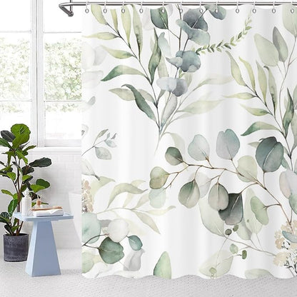 Eucalyptus Leaf Shower Curtains, Sage Green Spring Botanical Watercolor Plants Bathroom Curtains Bathtub Home Decor Waterproof Fabric Machine Washable with 12 PCS Hooks 96 Lx72 W GCI-10300