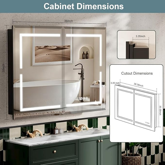 Medicine Cabinet, LED Mirror Cabinet for Bathroom with 3-Color with Mirror Defog, Recessed or Surfaced Wall-Mounted (36X30)