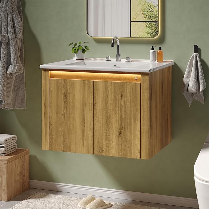 ONBRILL Farmhouse Bathroom Vanity, Floating Bathroom Vanities with Auto Motion Sensor LED Light, 3 Hole Integrated Ceramic Basin & Soft Closing Doors for Small Space, Hotel (24",Oak)