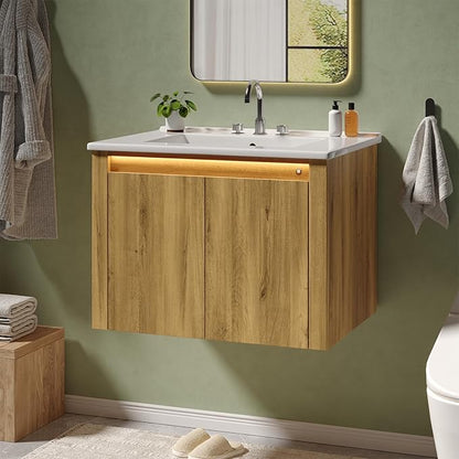 ONBRILL Farmhouse Bathroom Vanity, Floating Bathroom Vanities with Auto Motion Sensor LED Light, 3 Hole Integrated Ceramic Basin & Soft Closing Doors for Small Space, Hotel (24",Oak)