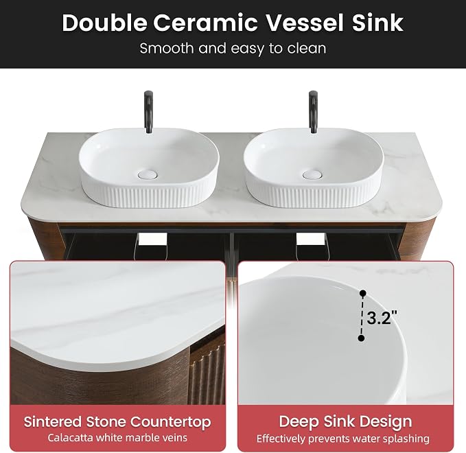 60" Floating Bathroom Vanity with Double White Sink, Walnut | Pre-Assembled Fluted Wall Mounted Vanity with Sintered Stone Countertop, Rounded Edges, Soft-Close Drawers & Towel Rack