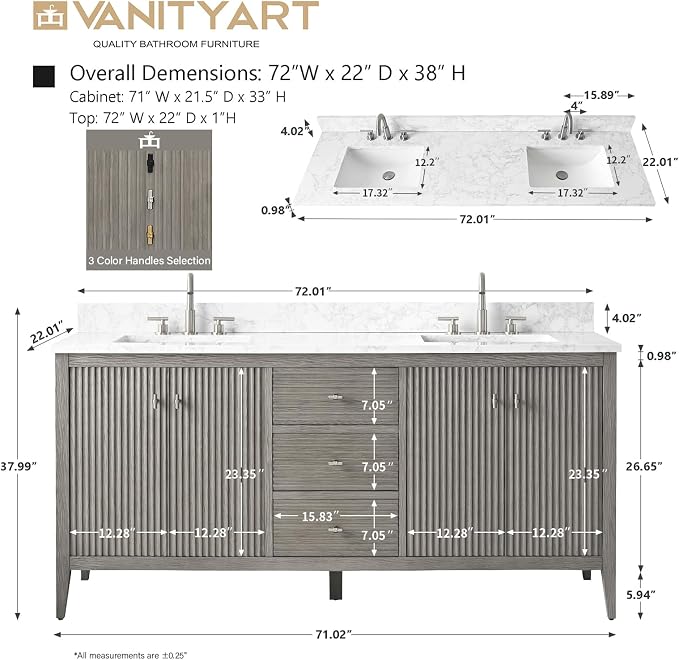 Vanity Art 72 inch Bathroom Vanity with Double Sink & Ceramic Top, Vanity Cabinet with Soft-Closing Door, Solid Wood Frame, Linear Pattern, Driftwood Gray, Golden Brushed Handware VA9172-DDG-GB
