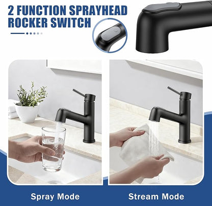 HURRAN Pull Out Bathroom Faucet, Single Handle Basin Mixer Tap with 2 Modes, Utility Sink Faucet with Deck Plate, Stainless Steel, Matte Black