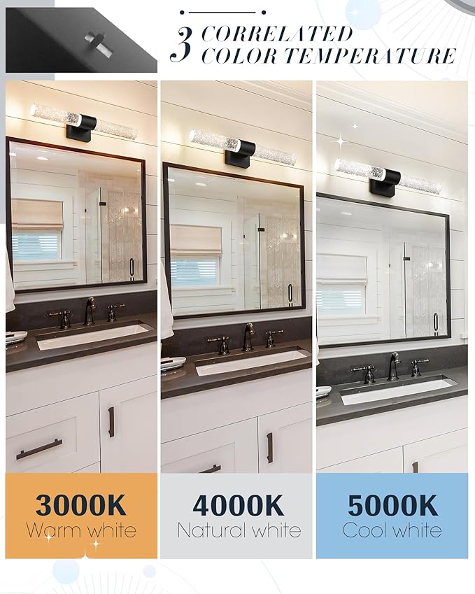 Bathroom Light Fixtures, HWH LED Vanity Lights Over Mirror 11W with Crystal Bubble Glass, Black Vanity Lamp Bar Indoor Wall Sconce Light, 3000K/4000K/5000K Dimmable, 5HW76B-LED BK