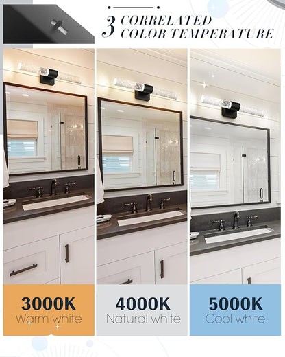 Bathroom Light Fixtures, HWH LED Vanity Lights Over Mirror 11W with Crystal Bubble Glass, Black Vanity Lamp Bar Indoor Wall Sconce Light, 3000K/4000K/5000K Dimmable, 5HW76B-LED BK