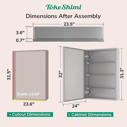 TokeShimi 24x32 Mirrored Medicine Cabinet Recessed or Wall Mount, Aluminum Tempered Silver Bathroom Medicine Cabinet with Mirror with Stepless Adjustable Storage Metal for Modern Farmhouse