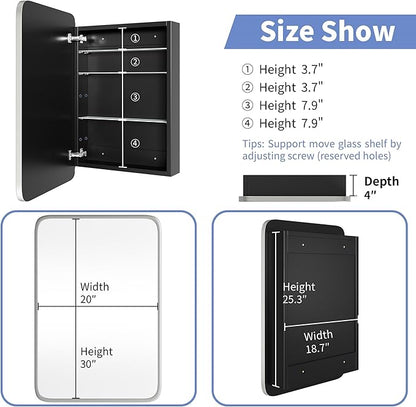 Bathroom Wood Black Cabinet with 20''x30'' Brushed Nickel Metal Frame Curved Mirror, Recessed Medicine Cabinet, Bathroom Storage Cabinet