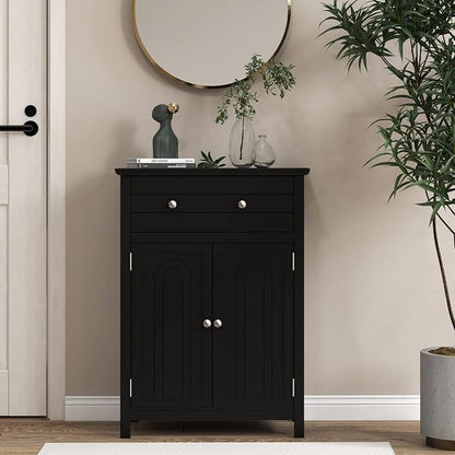 Giantex Bathroom Storage Cabinet with Drawer - Floor Cabinet with Doors, Adjustable Shelf, Storage Organizer for Entryway, Kitchen, Living Room, Freestanding Cupboard (Black)