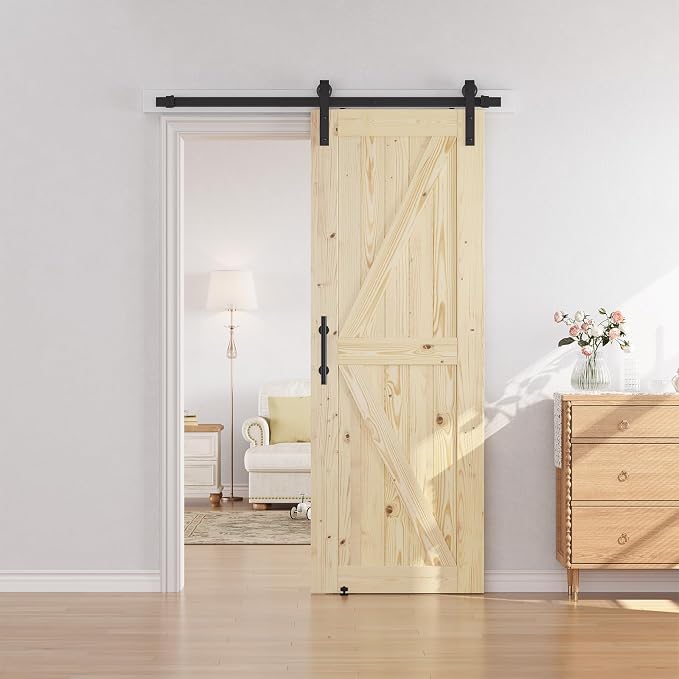 SMARTSTANDARD 30in x 84in Sliding Barn Door with 5ft Barn Door Hardware Kit Included, Unfinished Solid Spruce Wood Door, Assembly Required, DIY, Stainable, Natural | Unfinished Solid Spruce Wood Door, Assembly Required, DIY, Stainable, Natural