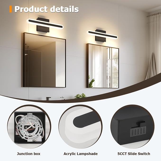 Modern LED Bathroom Vanity Light Fixtures, 5CCT Dimmable Bathroom Light Bar | Hardwired Vanity Light, 15.7-Inch 16W Black Makeup Mirror Lights
