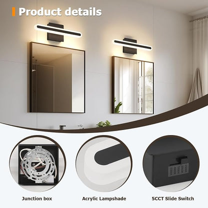 Modern LED Bathroom Vanity Light Fixtures, 5CCT Dimmable Bathroom Light Bar | Hardwired Vanity Light, 15.7-Inch 16W Black Makeup Mirror Lights