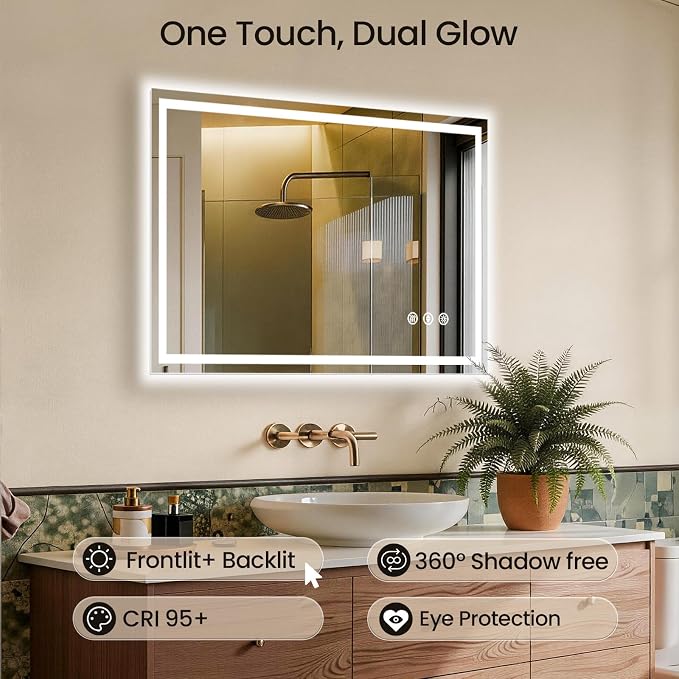 40x36 LED Bathroom Mirror with Anti-Fog, Backlit & Front Lit, Memory | Stepless Dimmable 3 Color CRI 95+ Shatterproof Tempered Glass ETL Listed for Safety Lighted Bathroom Vanity Mirror for Wall